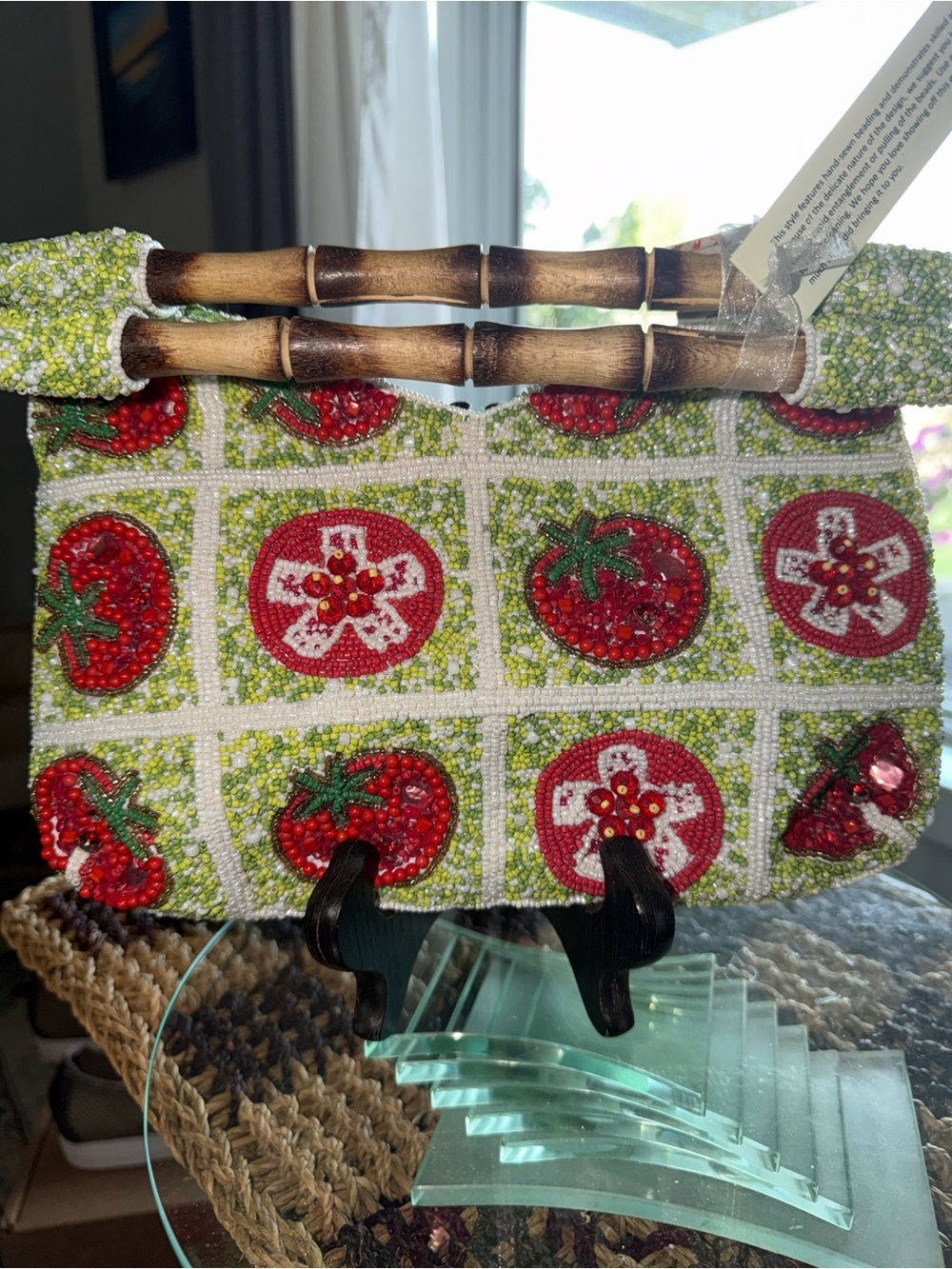 Beaded Tomato Motif Handbag with Bamboo Handles